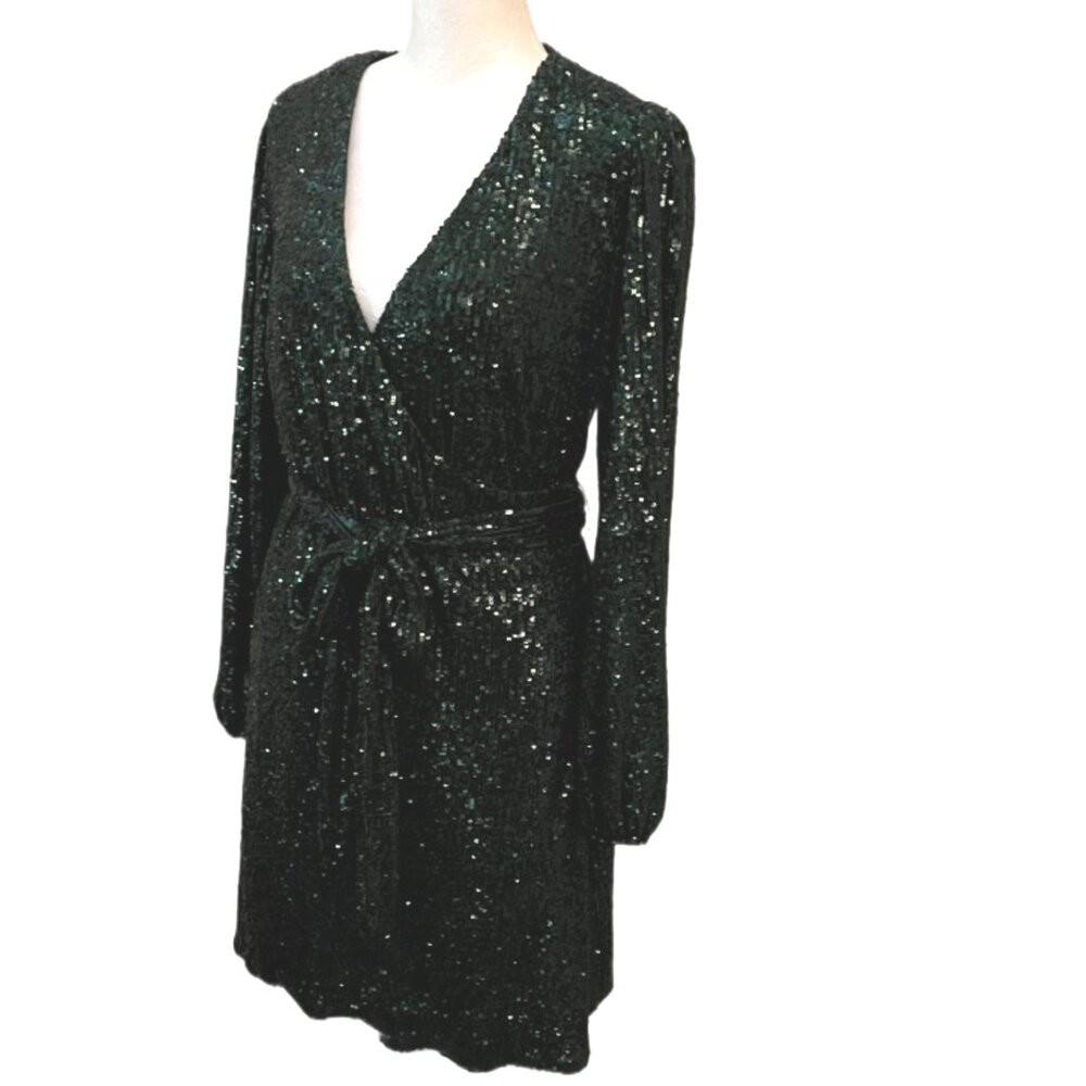 Gianni Bini Forest Green Sequence Knee Length Long Sleeve Wrap Dress Size S NWT